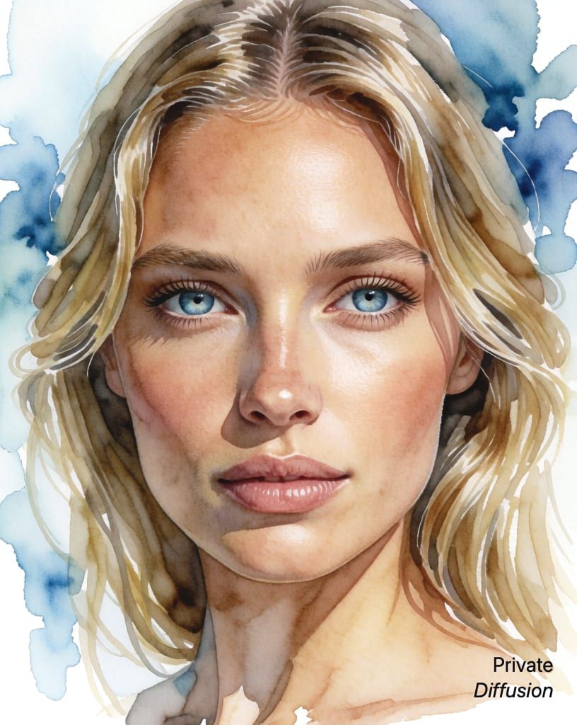 photorealistic portrait of a blonde woman with blue eyes, with watercolor added