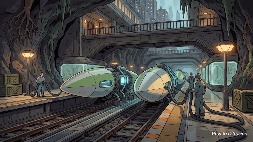 Seed-shaped ships wait on rails inside a cavern train station.