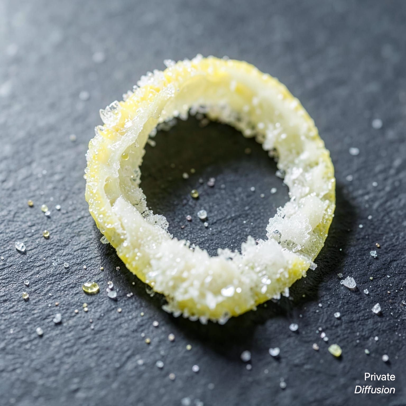 Sugar crystals sparkle on a curled lemon peel photographed in extreme close-up.