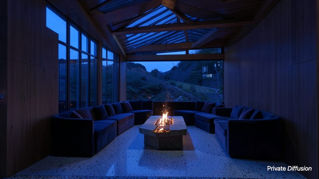 A sunken lounge with velvet seating, a stone fire table, wood walls, and evening light through long windows.