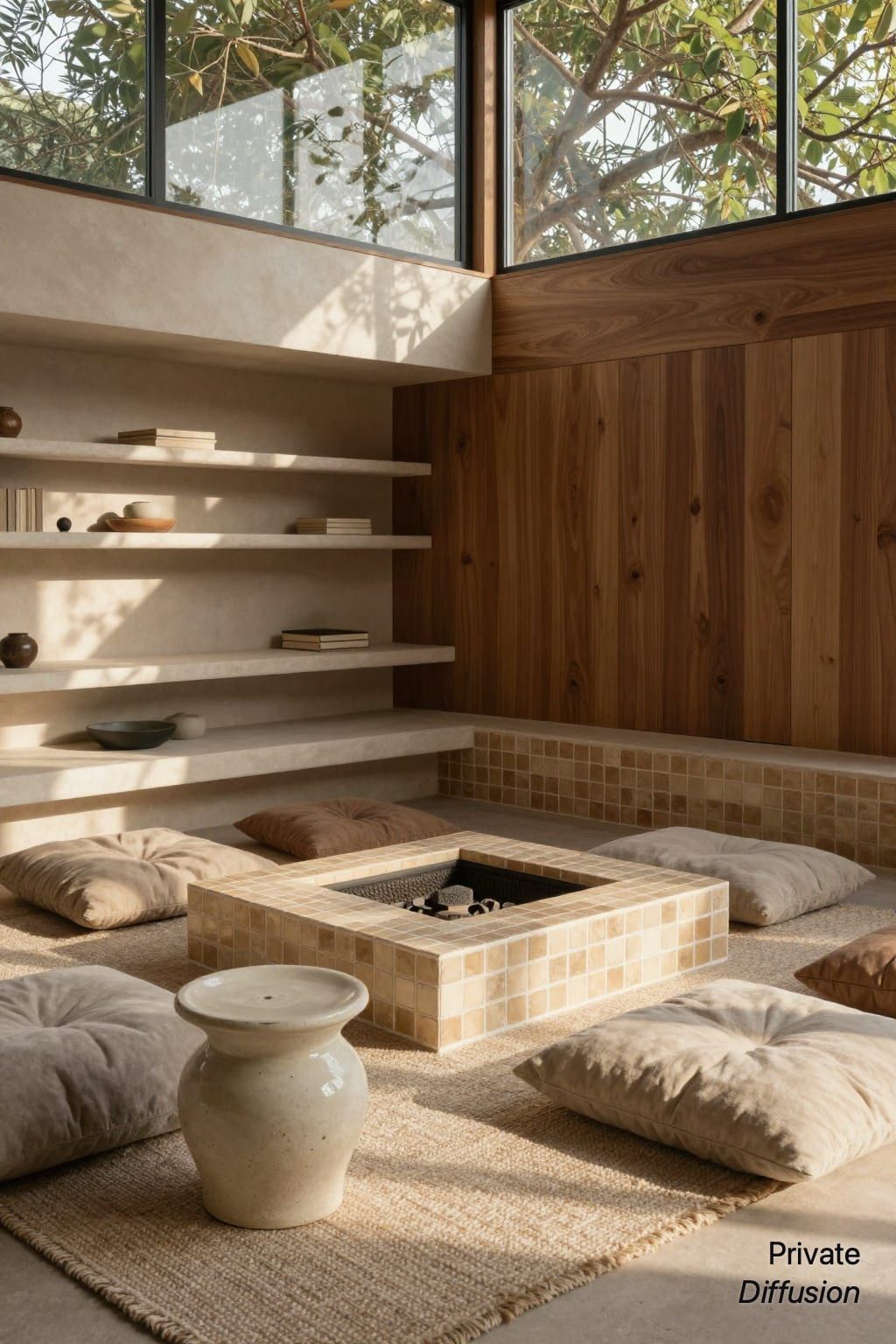 A sunken living room surrounds a square tile hearth under warm window light.