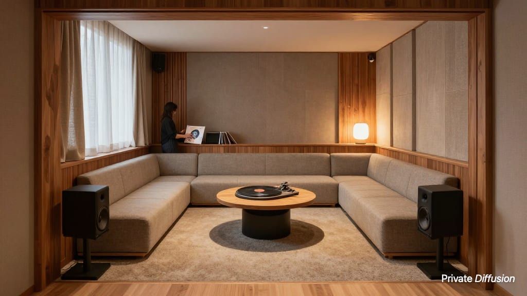 A walnut-lined listening room has a sunken sofa area, speakers, and warm evening light.