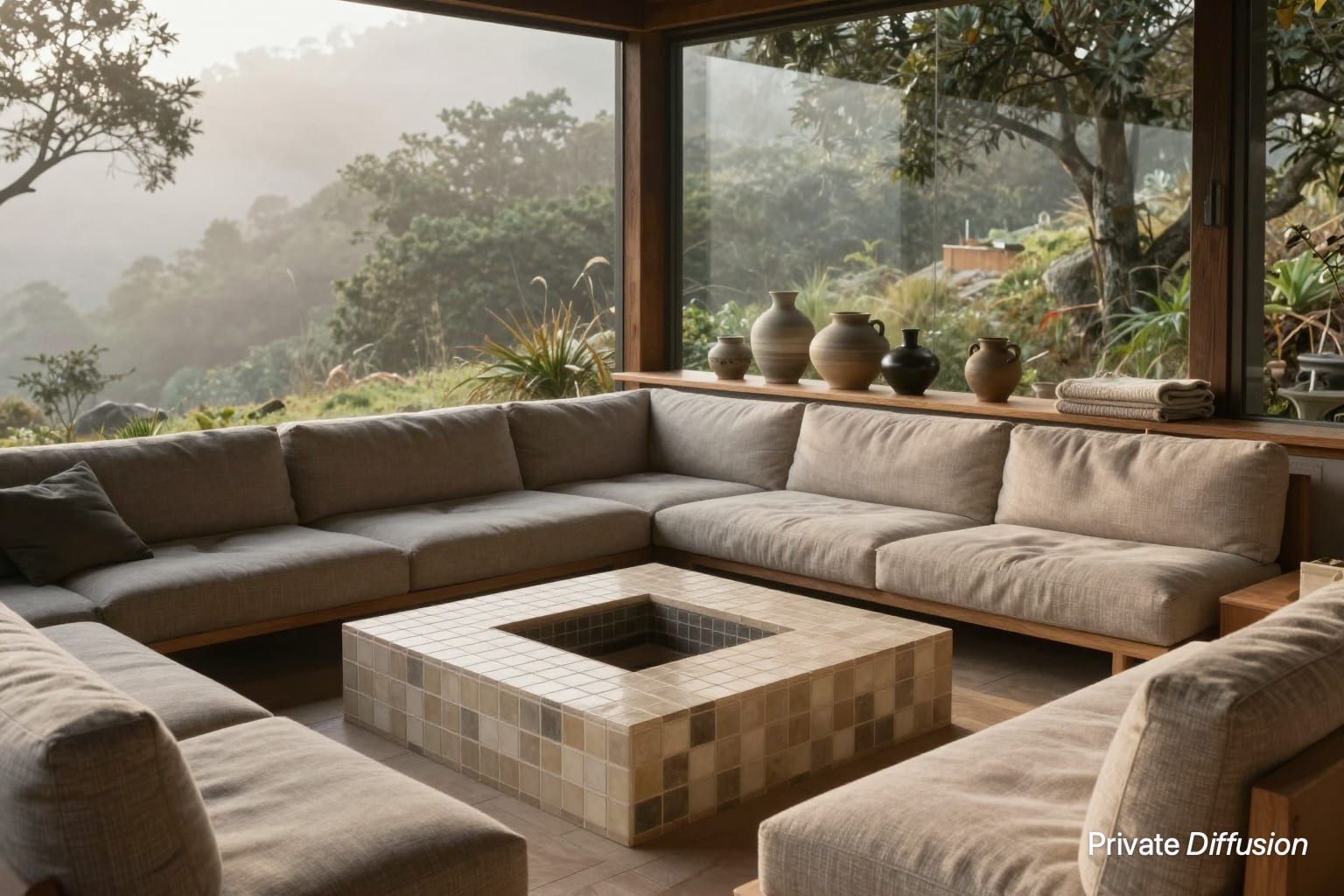 A sunken lounge with sofas, a tiled hearth, shelves, and misty trees beyond glass walls.