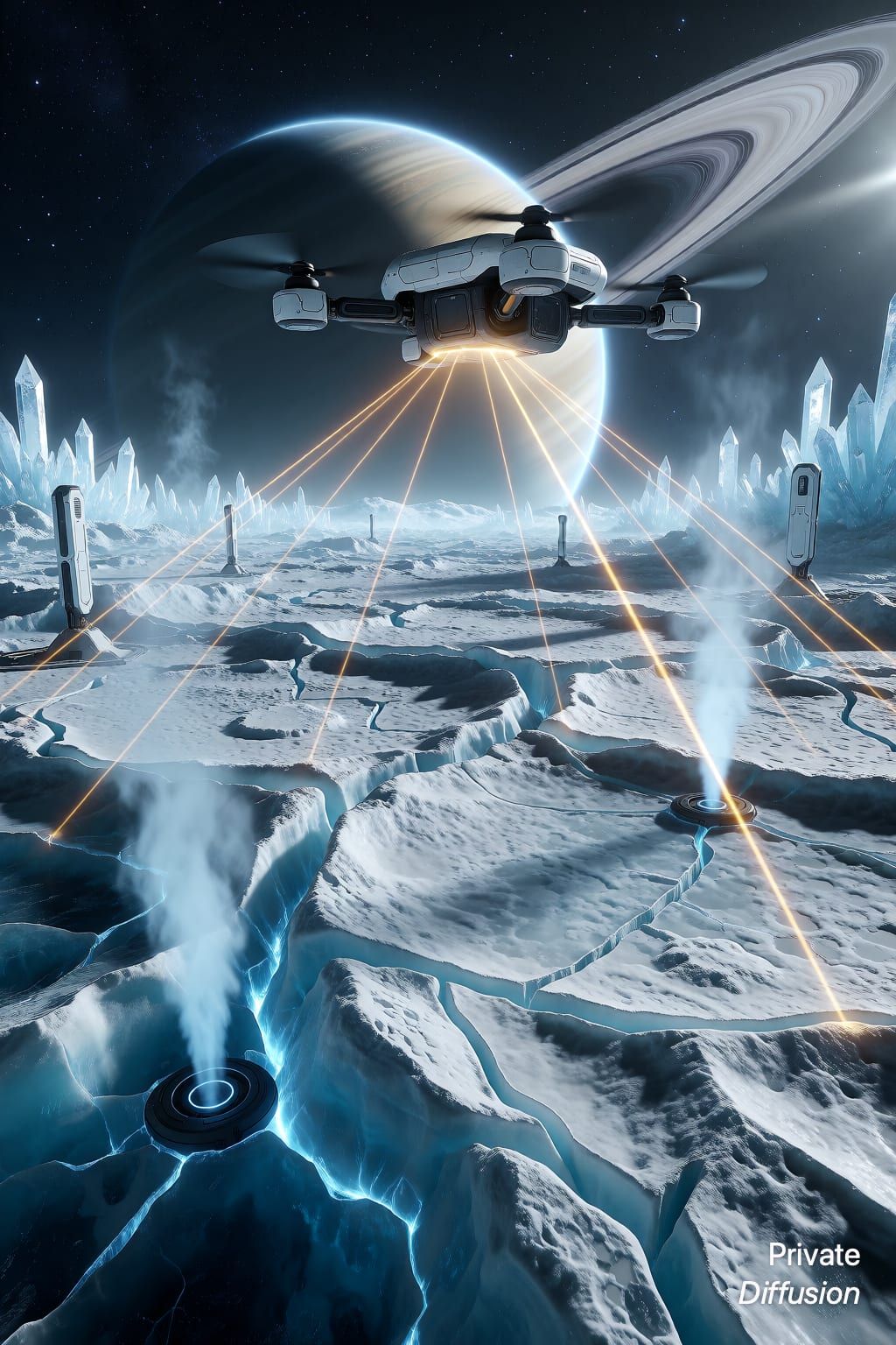 A survey drone scans icy terrain beneath a huge ringed planet.