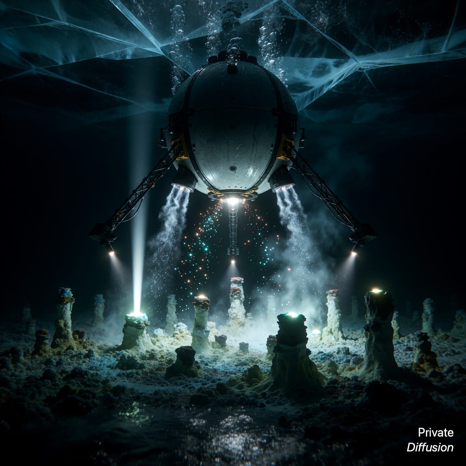 A spherical probe explores glowing hydrothermal vents beneath a cracked ice ocean.