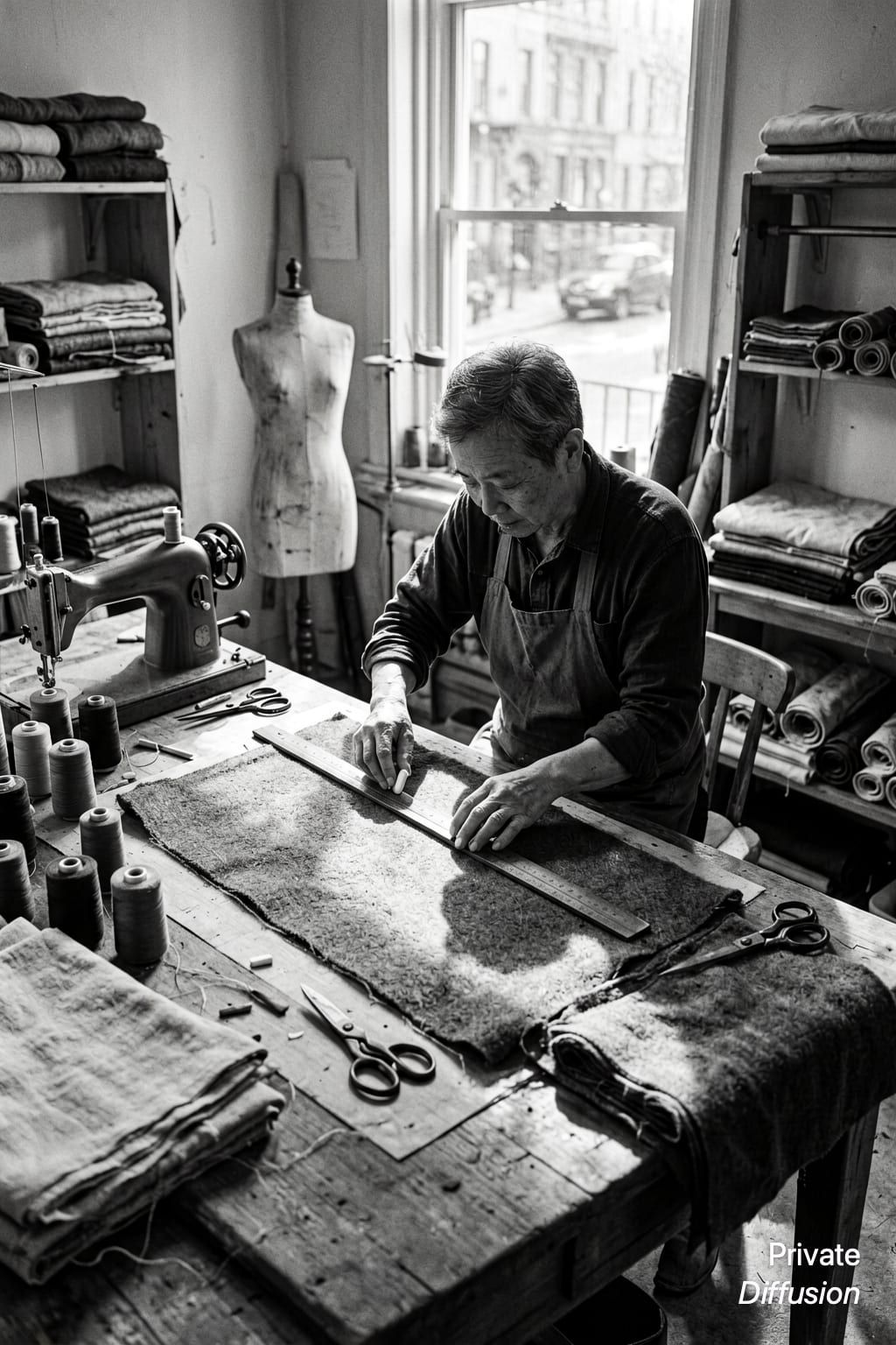 A tailor measures wool cloth on a cutting table in a bright workshop.
