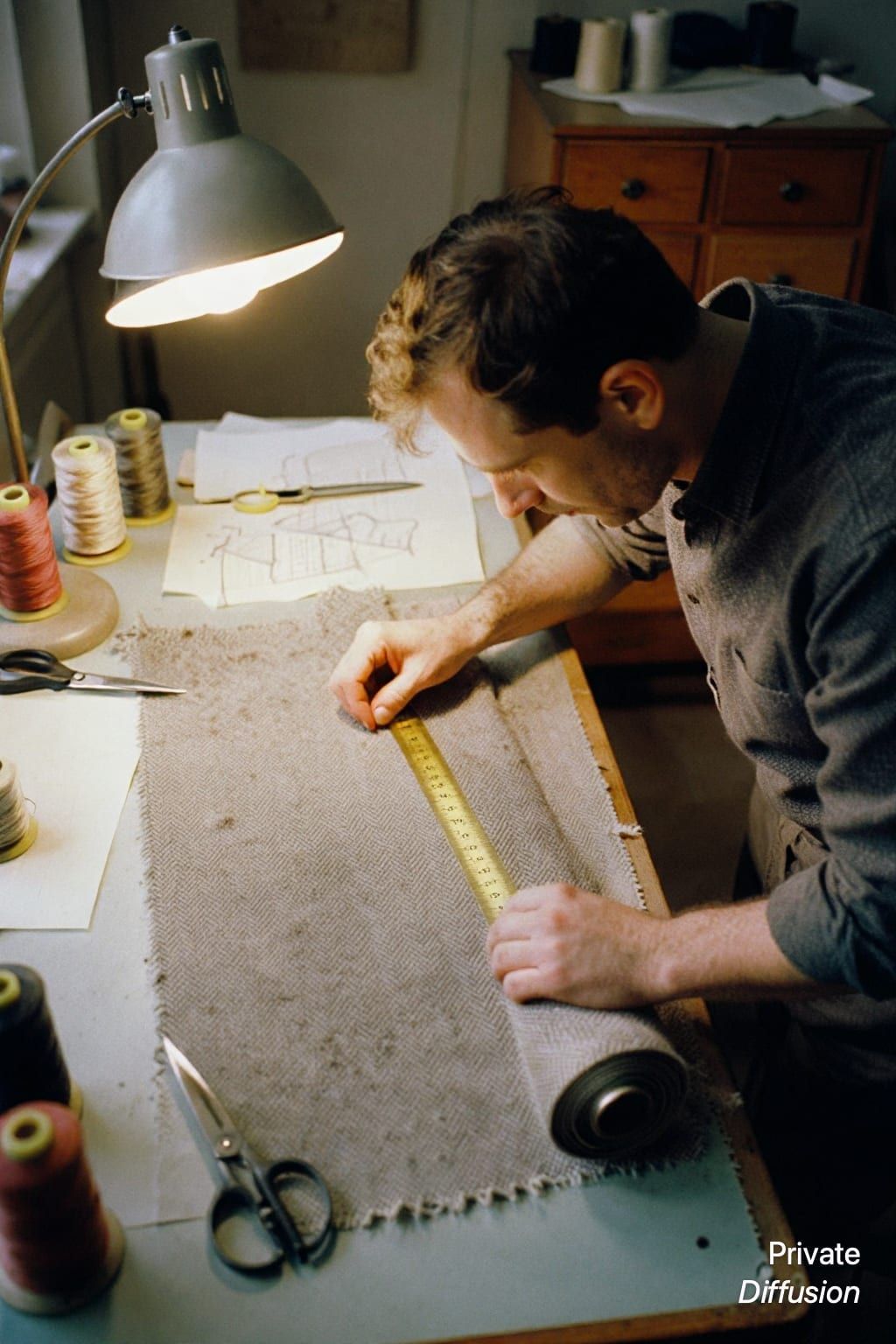 A tailor measures herringbone wool on a workshop cutting table under warm lamplight.