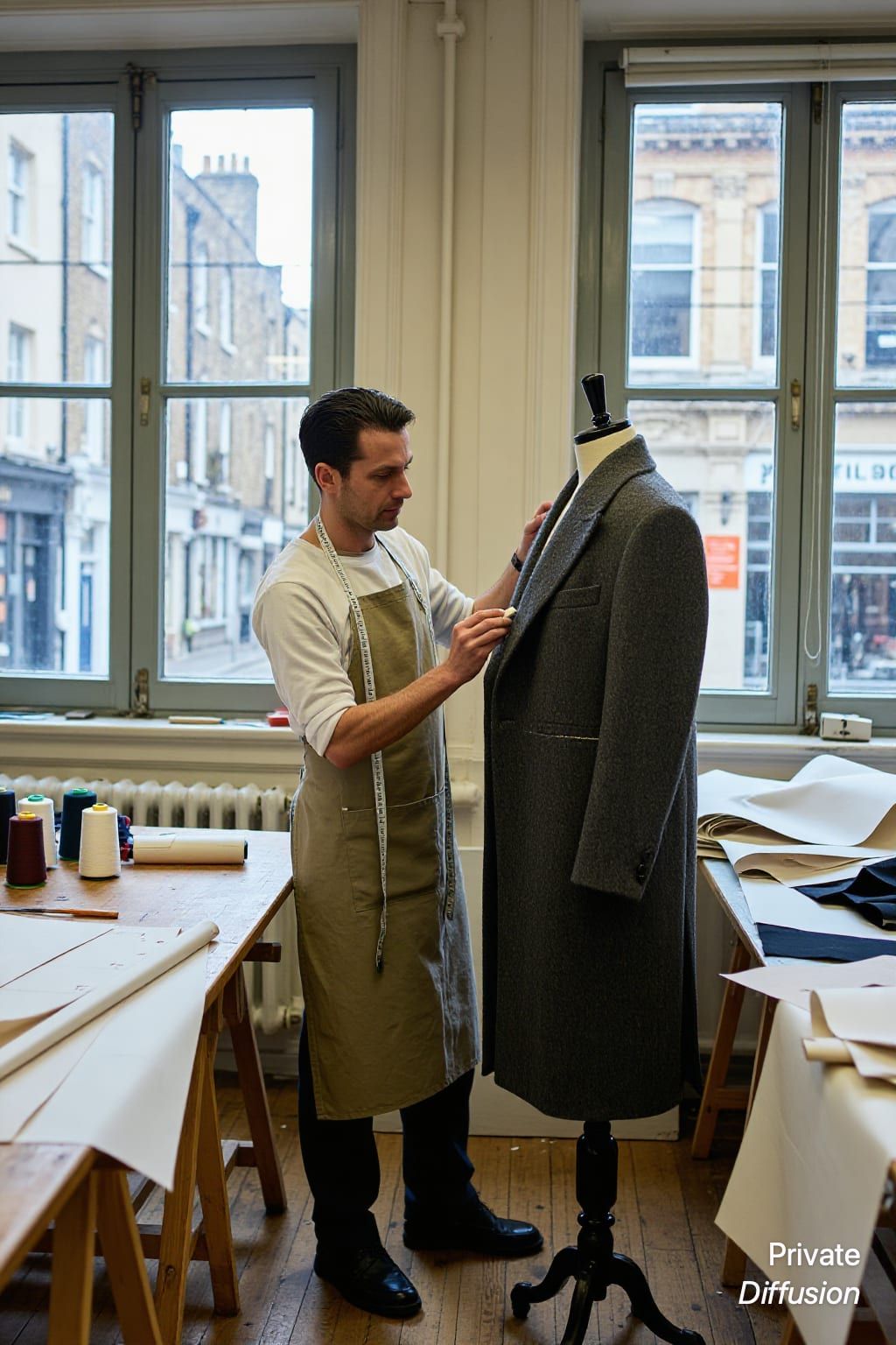 An adult tailor studies a wool coat on a dress form in a bright studio.