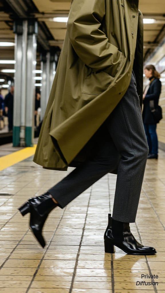 An adult model in an olive raincoat walks on a reflective subway platform.