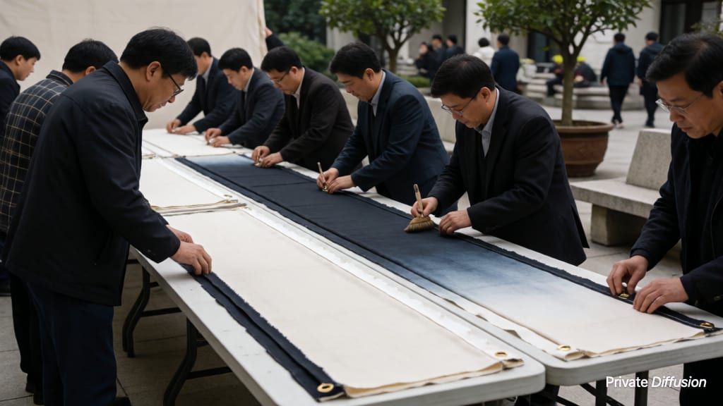 Adult tailors arrange dyed fabric panels on folding tables in a civic courtyard.