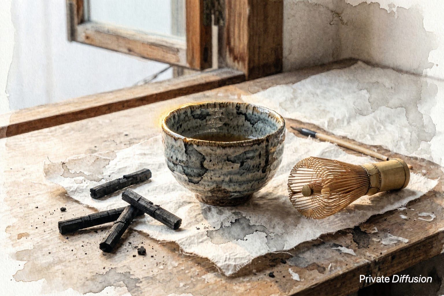 A ceramic tea bowl and bamboo whisk are painted on textured paper beside charcoal sticks.