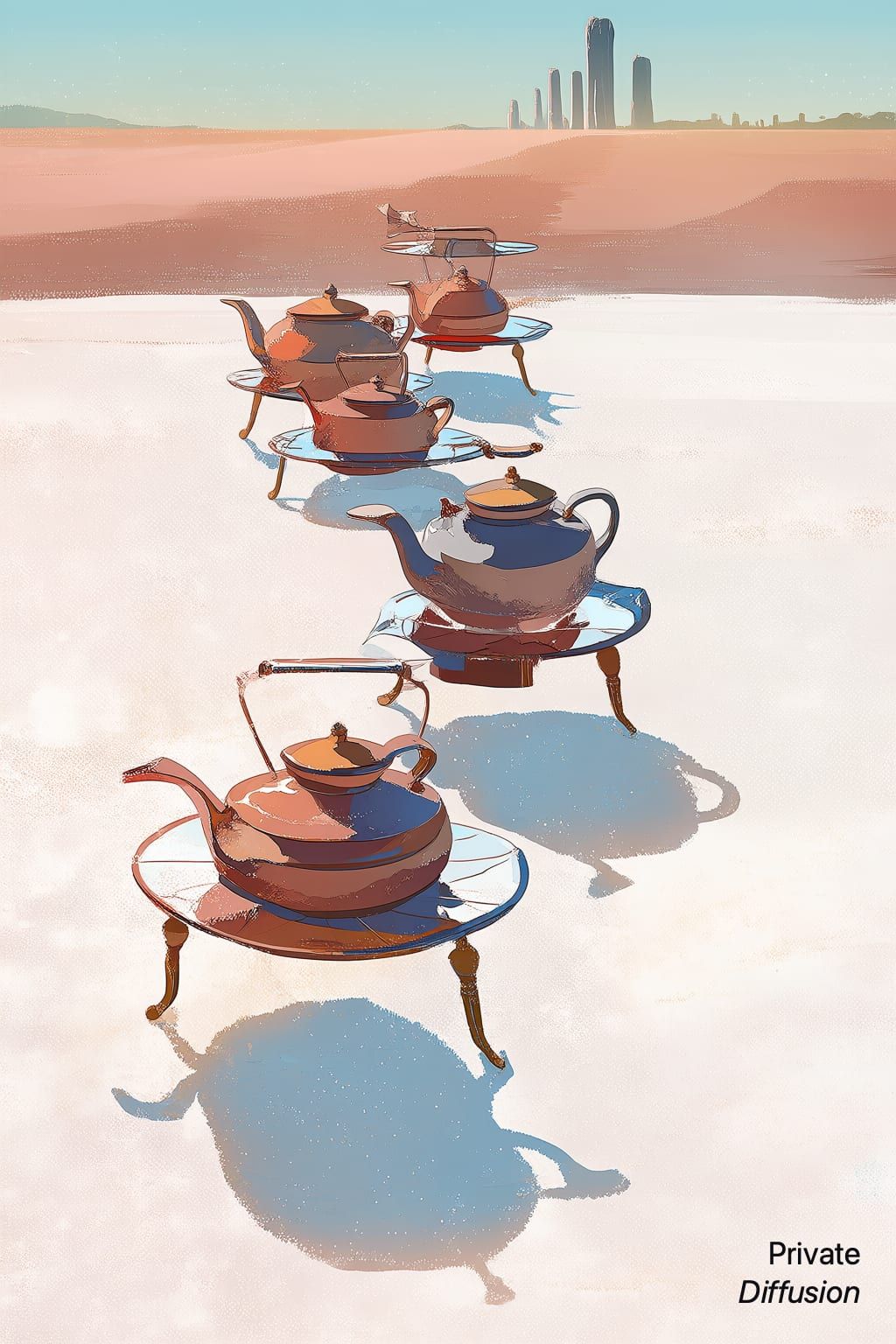 A whimsical caravan of walking teapots crosses bright salt flats at sunrise.