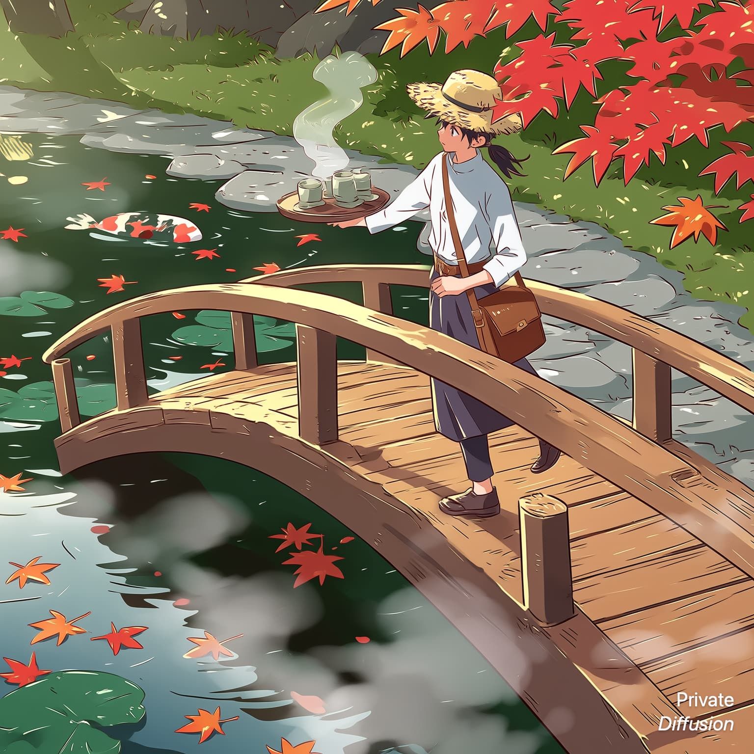 An anime tea courier walks over a moon bridge in a lantern-lit garden.