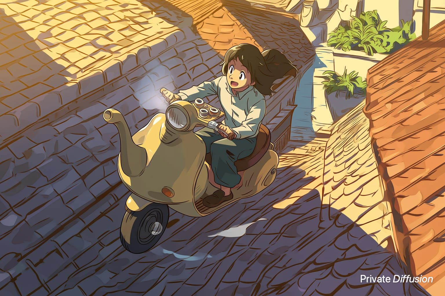 An anime tea pilot flies a kettle-shaped scooter over hillside rooftops at sunset.