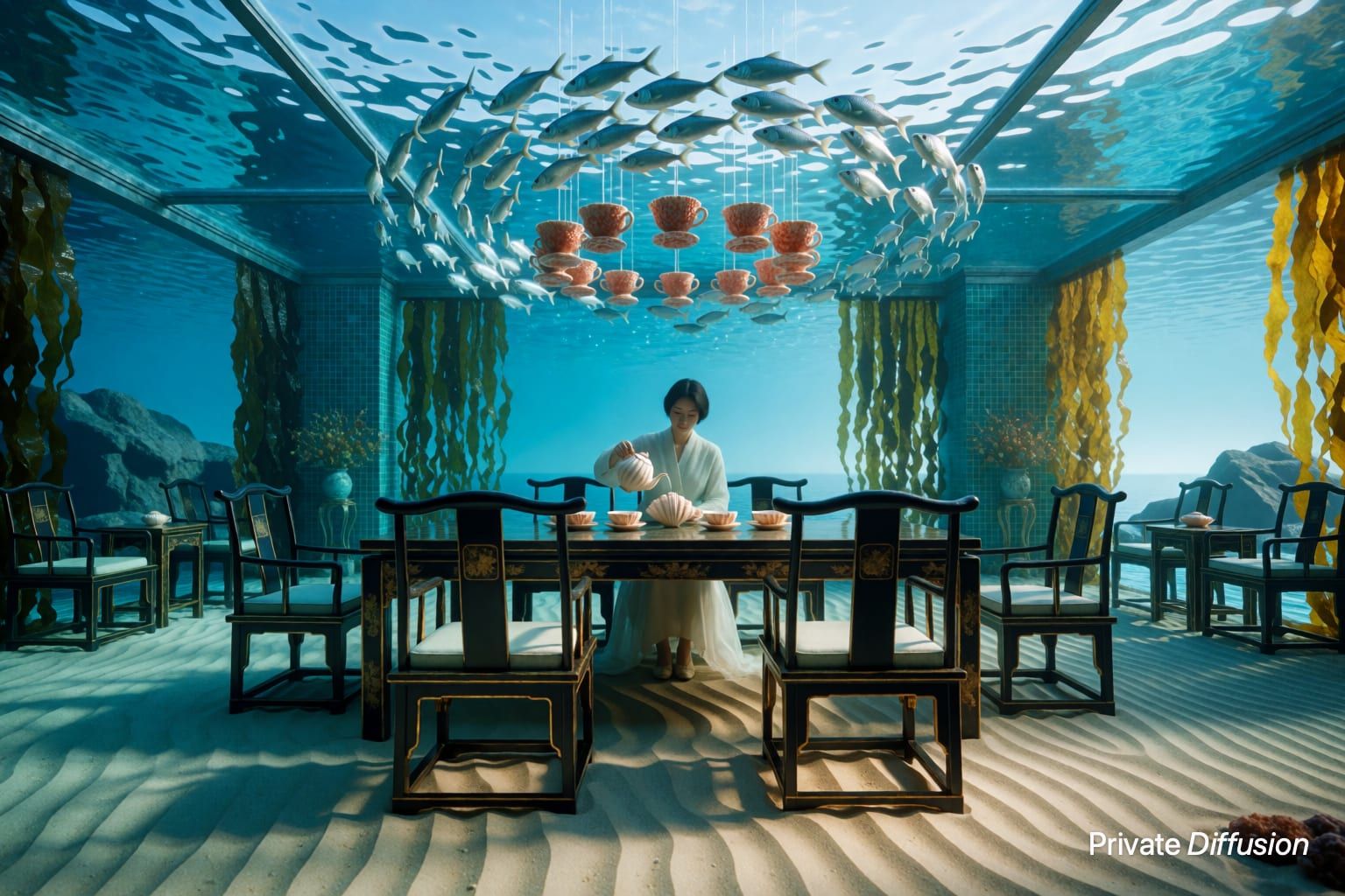 A person pours tea in a formal room submerged inside a clear tidepool.