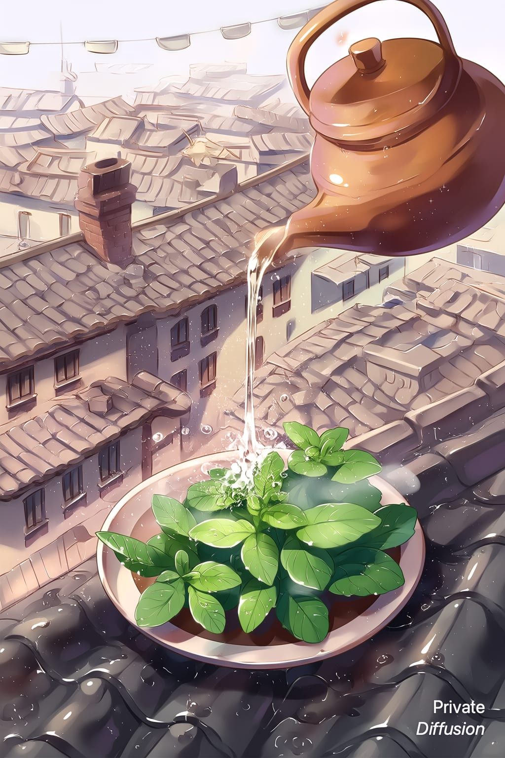 An anime tea spirit waters herbs on a misty rooftop above a city.
