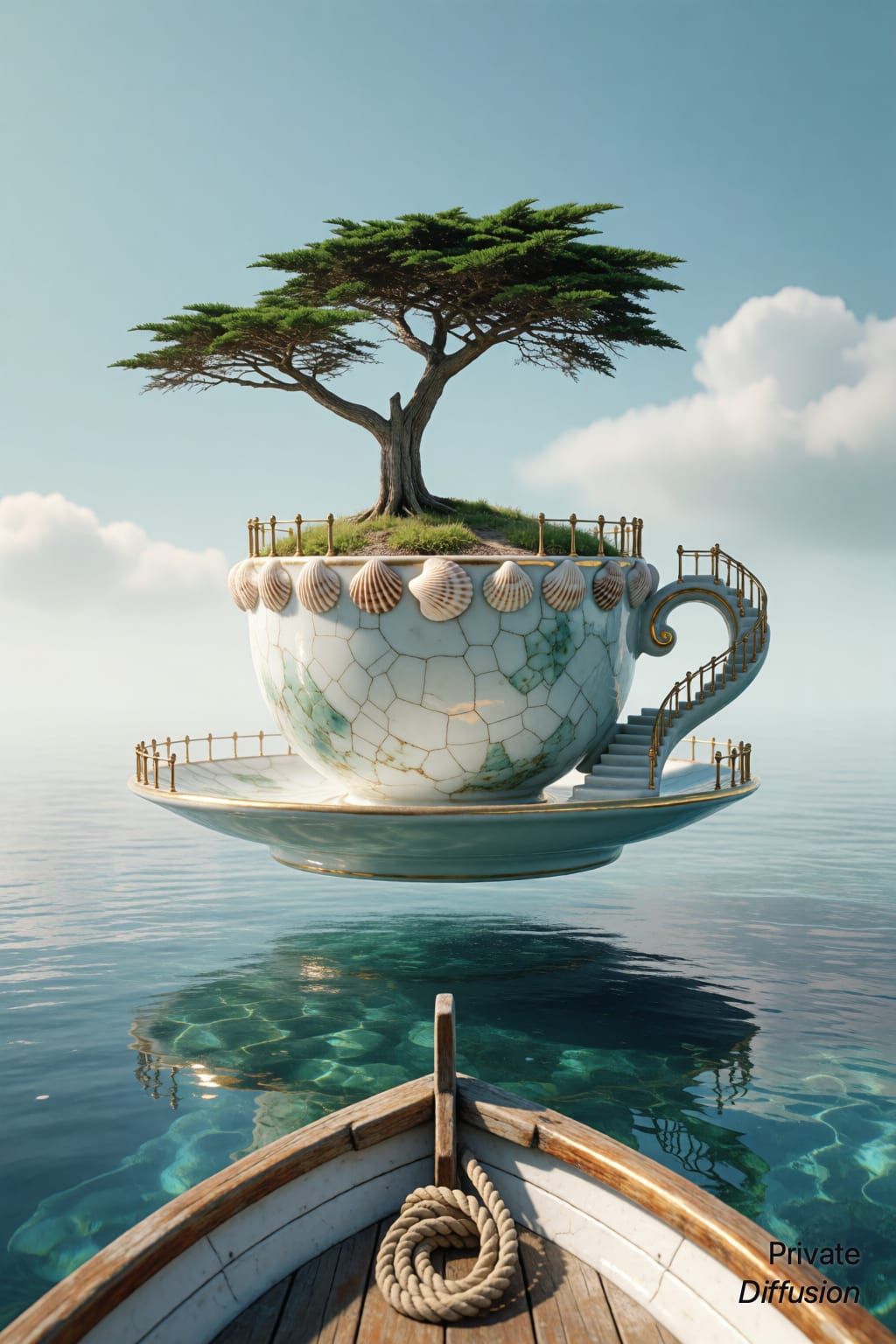A porcelain teacup floats like an island with a cypress tree and tiny stairs.