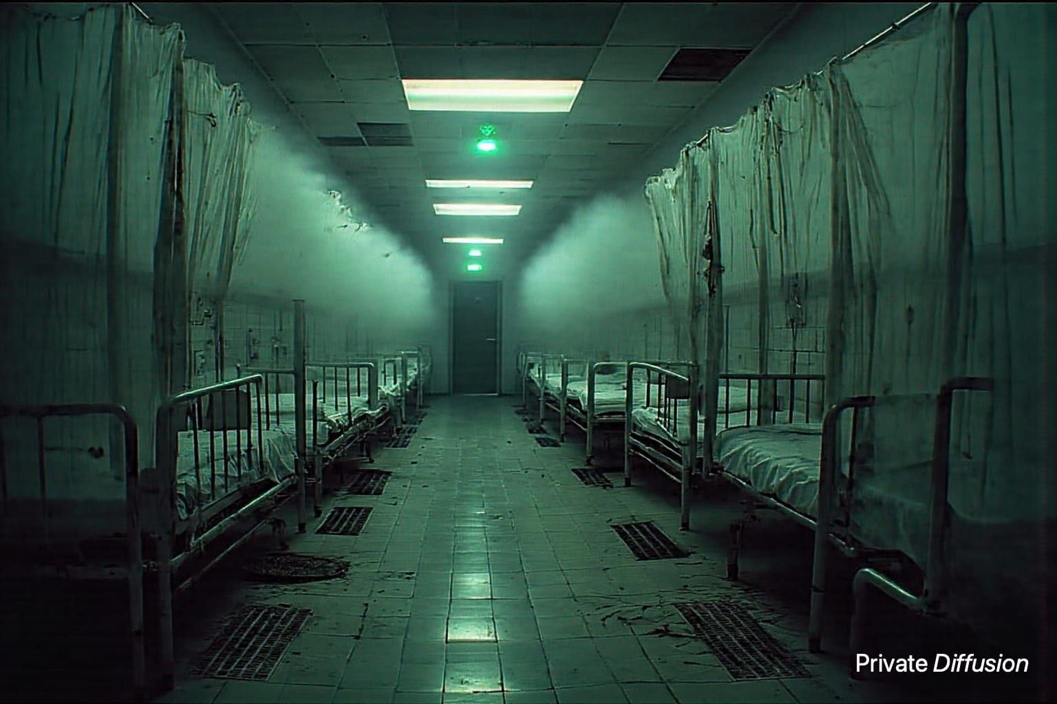 An empty hospital ward fills with fog while curtains bend toward a dark doorway.
