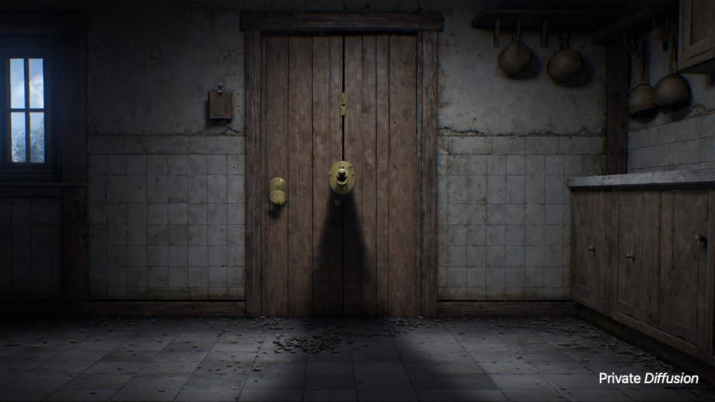 A cracked cellar door releases black vapor across an abandoned moonlit kitchen.