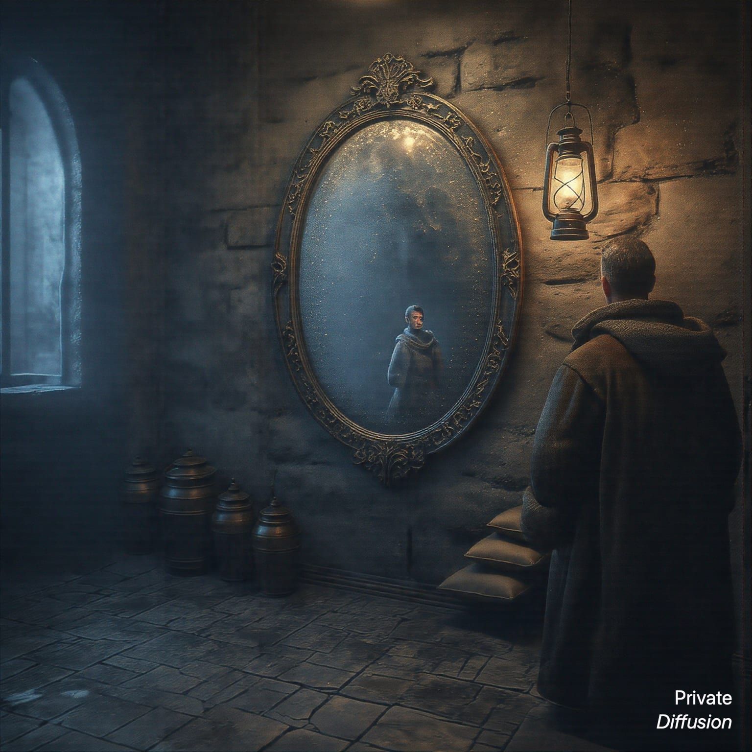 A caretaker holds a lantern below a frosted antique mirror in a dark stone cellar.
