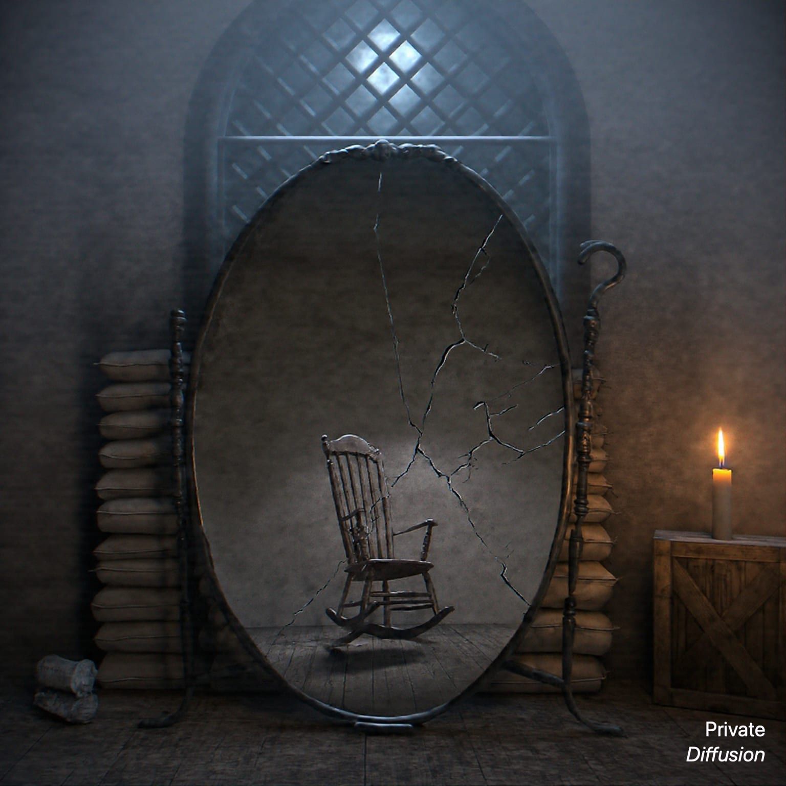 A cracked cellar mirror reflects an empty rocking chair that is not in the room.