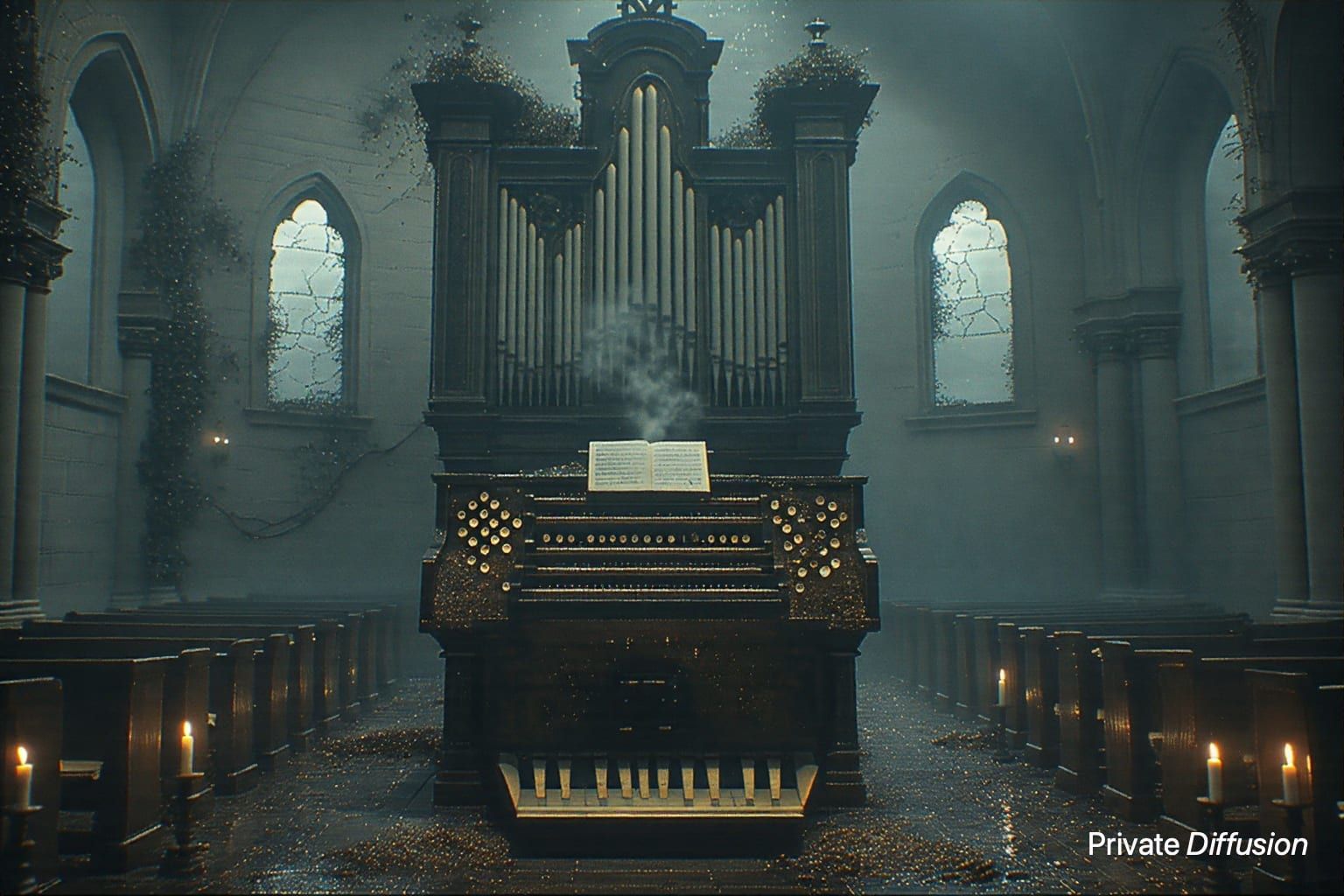 A dusty pipe organ stands in a ruined chapel under moonlight and candle glow.
