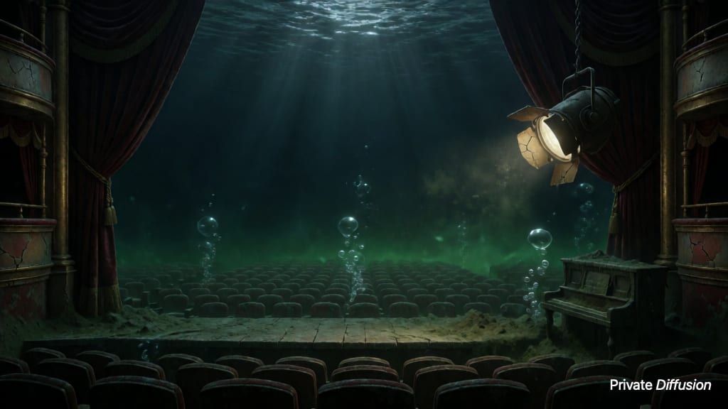 An abandoned theater stage sits underwater with drifting curtains and empty seats.