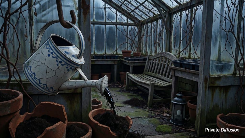 An abandoned greenhouse holds a cracked watering can, dead vines, broken pots, and cold moonlight.