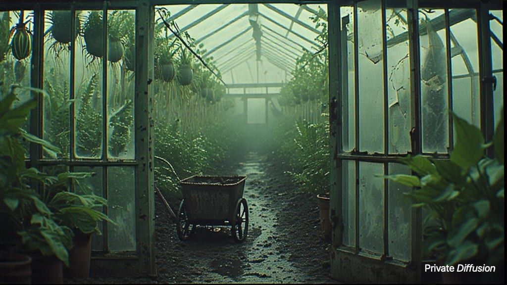 A foggy greenhouse is overrun by toothlike roots and hanging pitcher plants.