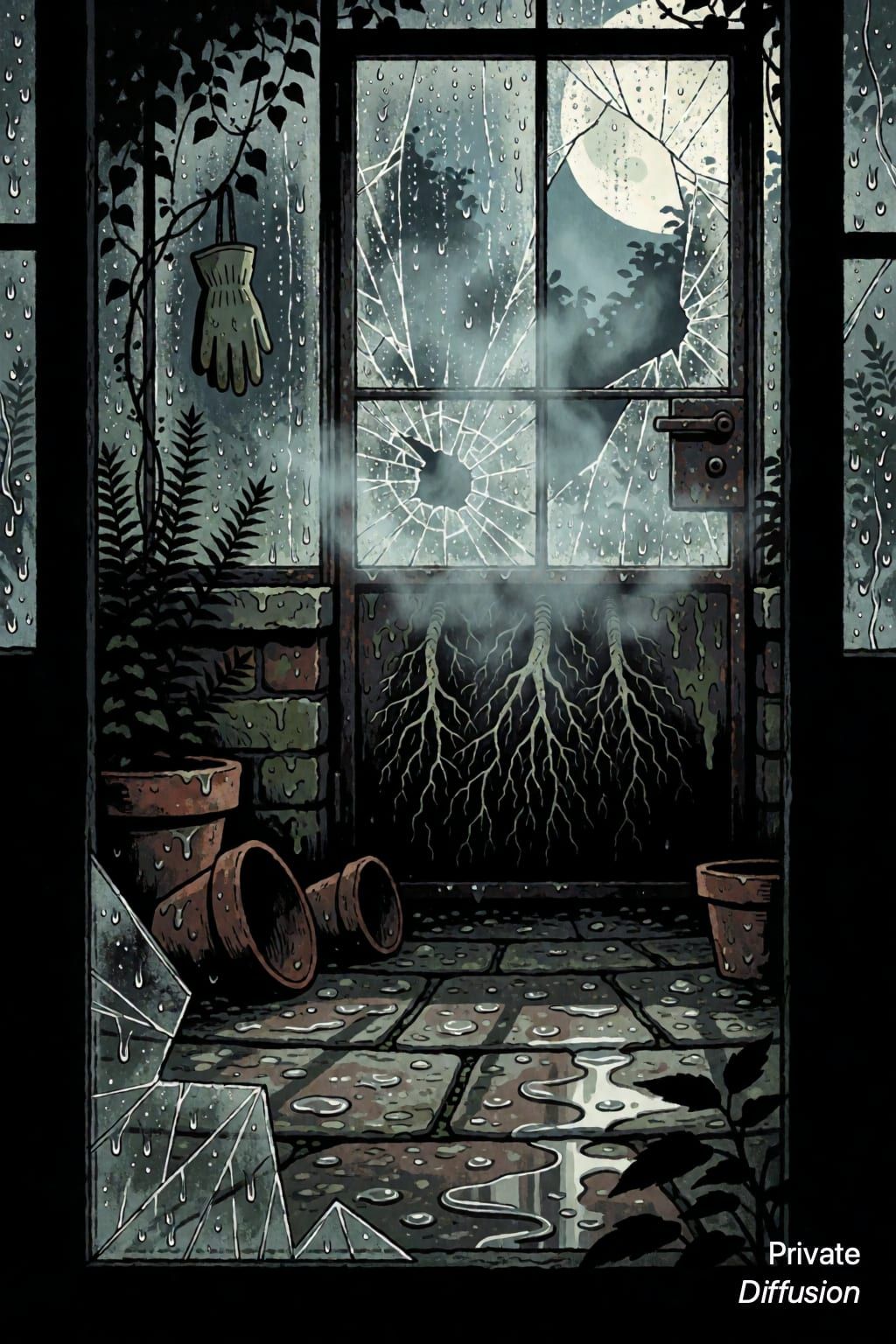 A dark greenhouse filled with mist and roots presses against an iron door.
