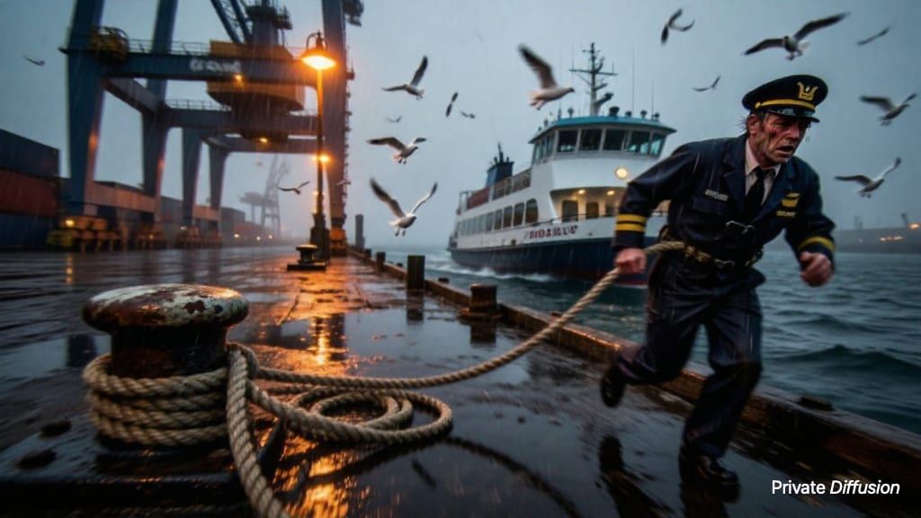 A harbor pilot runs down a rainy pier as a ferry disappears into fog.