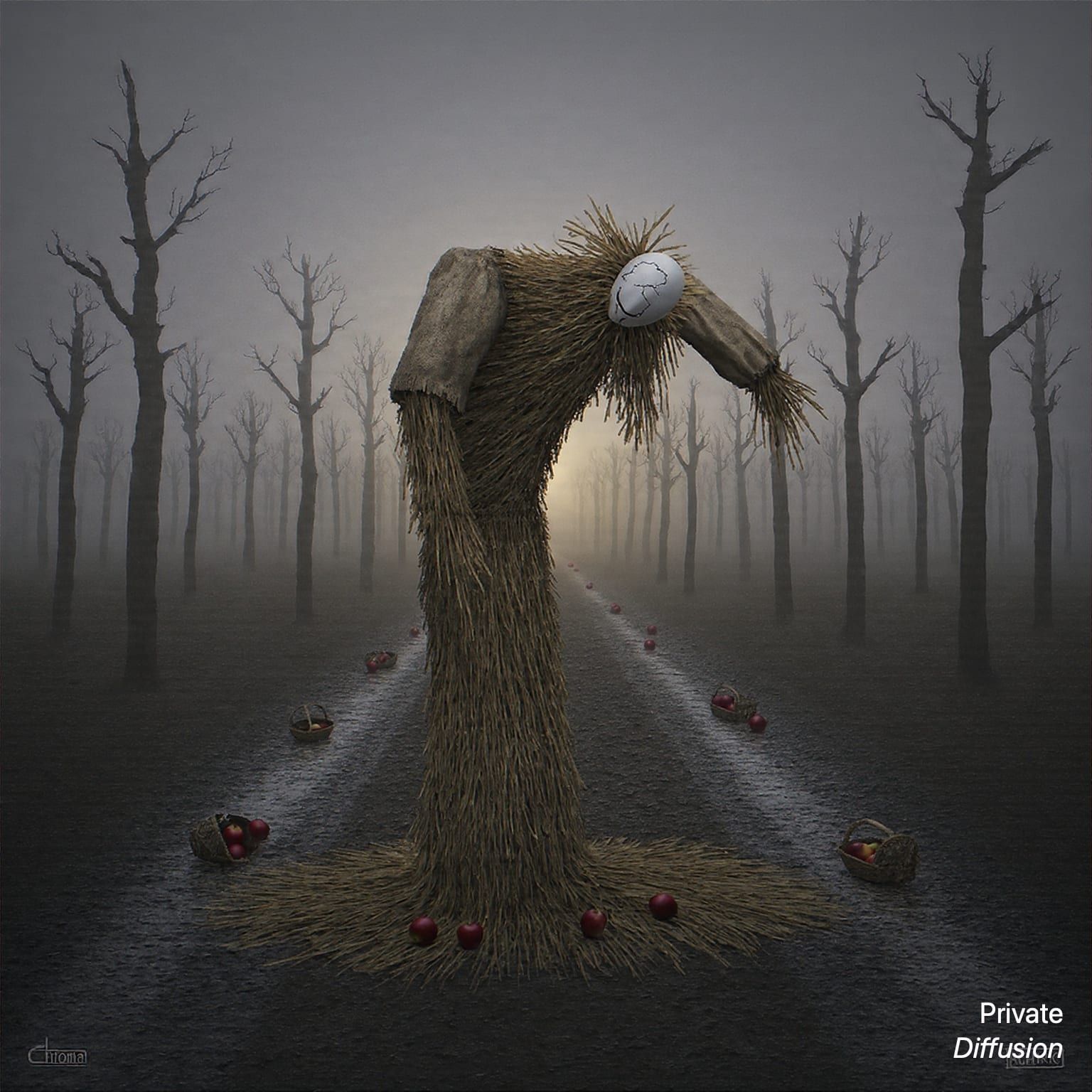 A masked scarecrow bends from a dead apple tree in a foggy orchard.