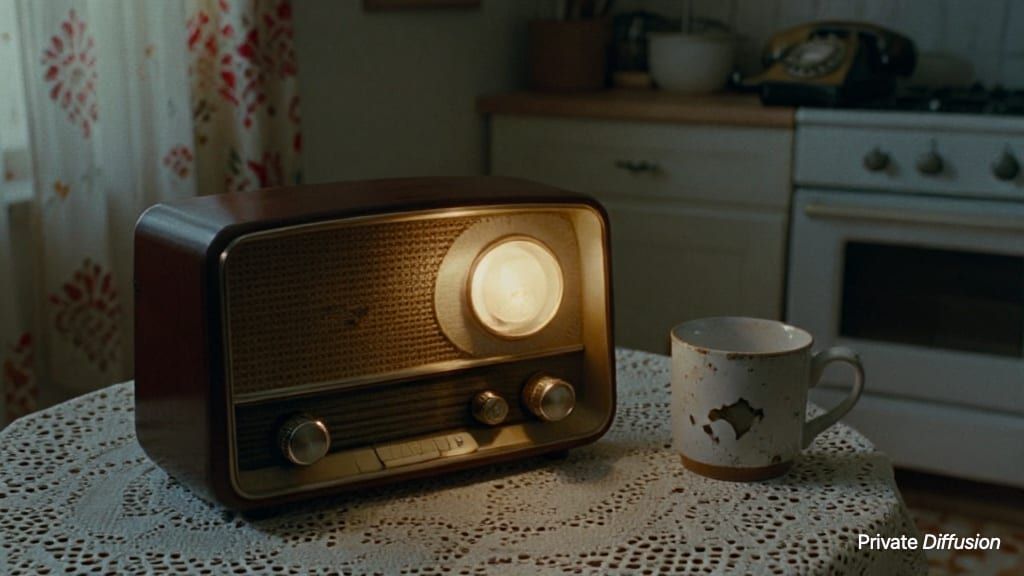 A glowing vintage radio sits on a kitchen table at night.