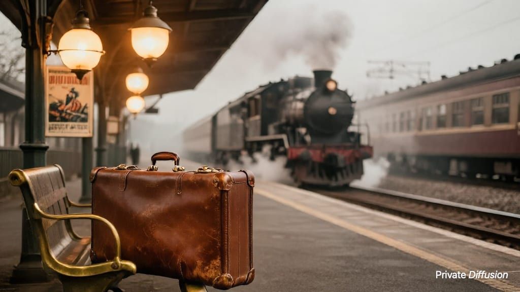 A vintage leather suitcase sits alone on a smoky train platform.