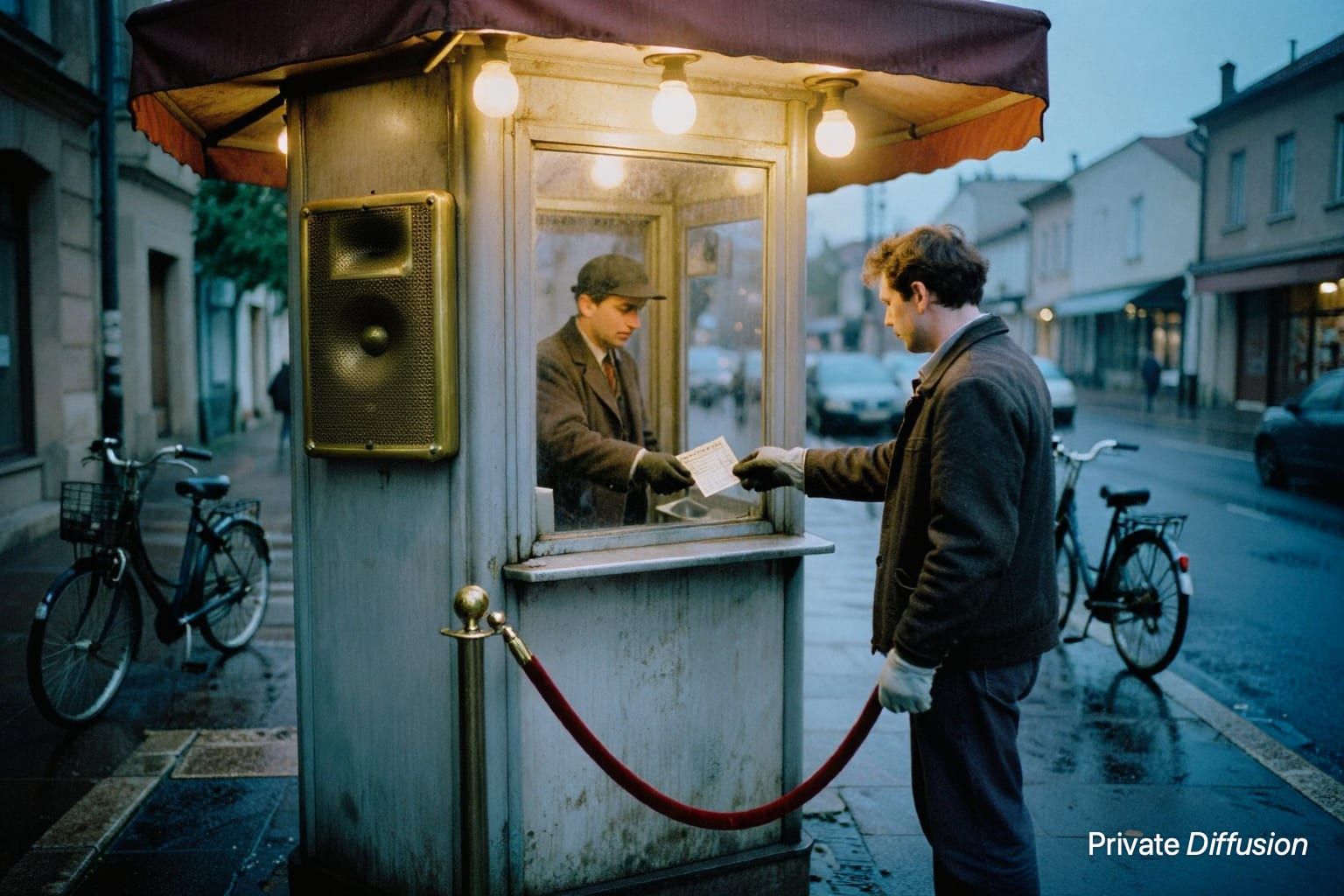 A vintage cinema ticket booth glows on a rainy sidewalk at dusk.