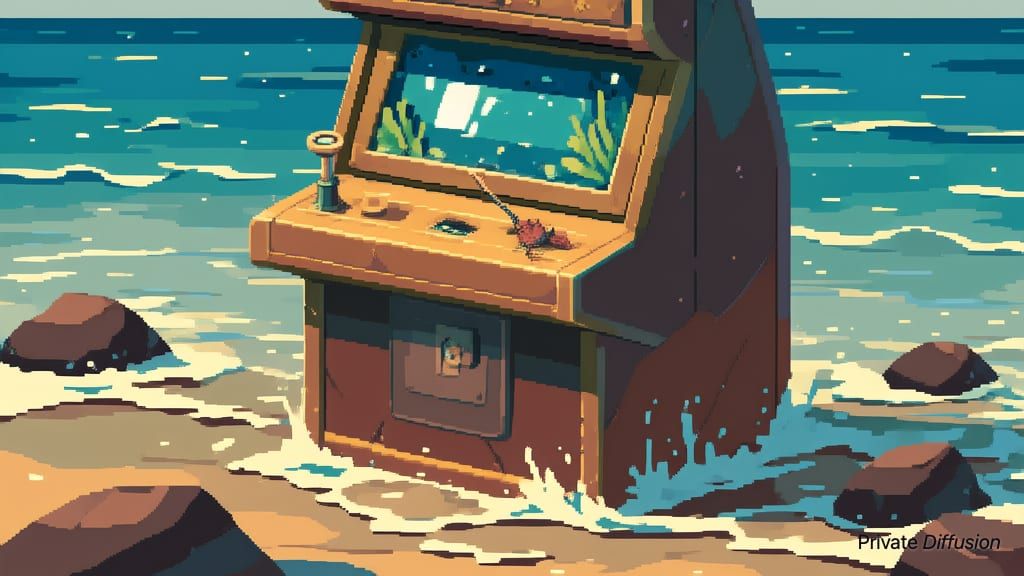 A crab repairs a seaside arcade cabinet in a pixel-art tide pool scene.