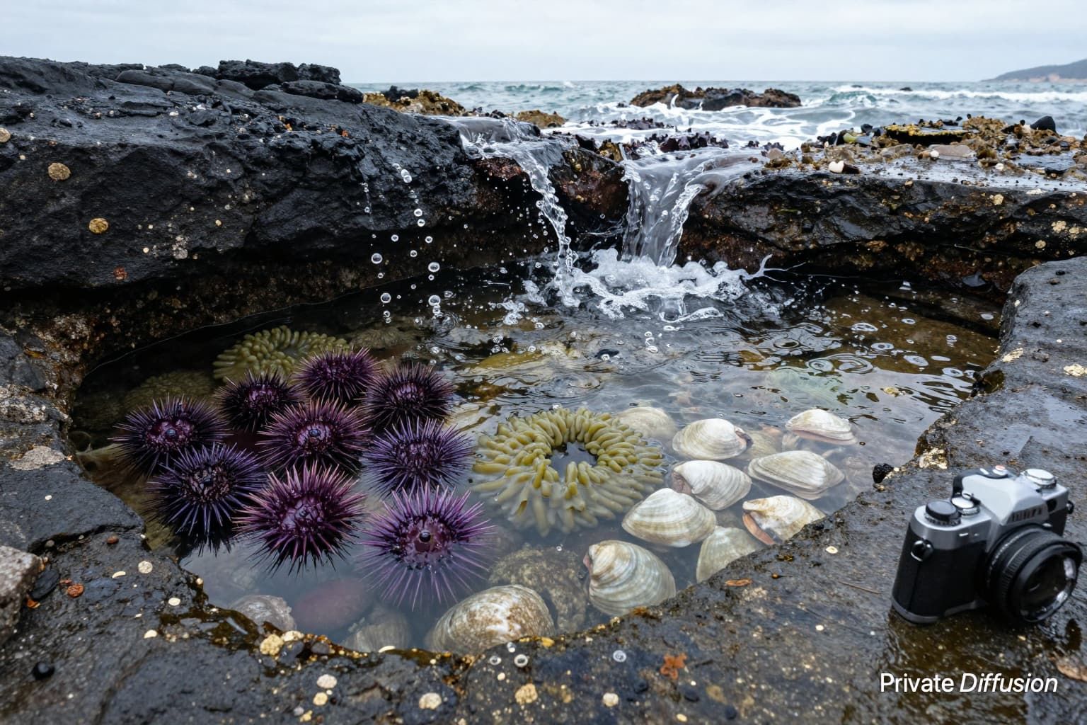 A clear tide pool shows urchins, anemones, shells, and waves under dark basalt rock.
