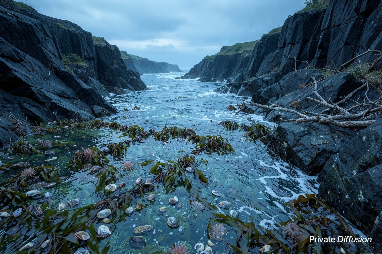 Rocky tide pools with kelp and shells sit below dark basalt cliffs at dawn.