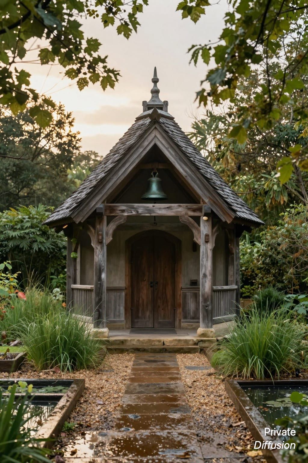 A small timber chapel stands among grasses, gravel paths, and reflecting basins after rain.