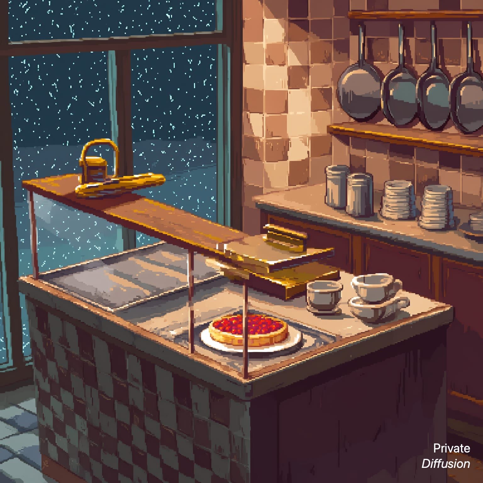 A pixel-art bakery counter shows empty trays, one tart, cups, and rain outside.