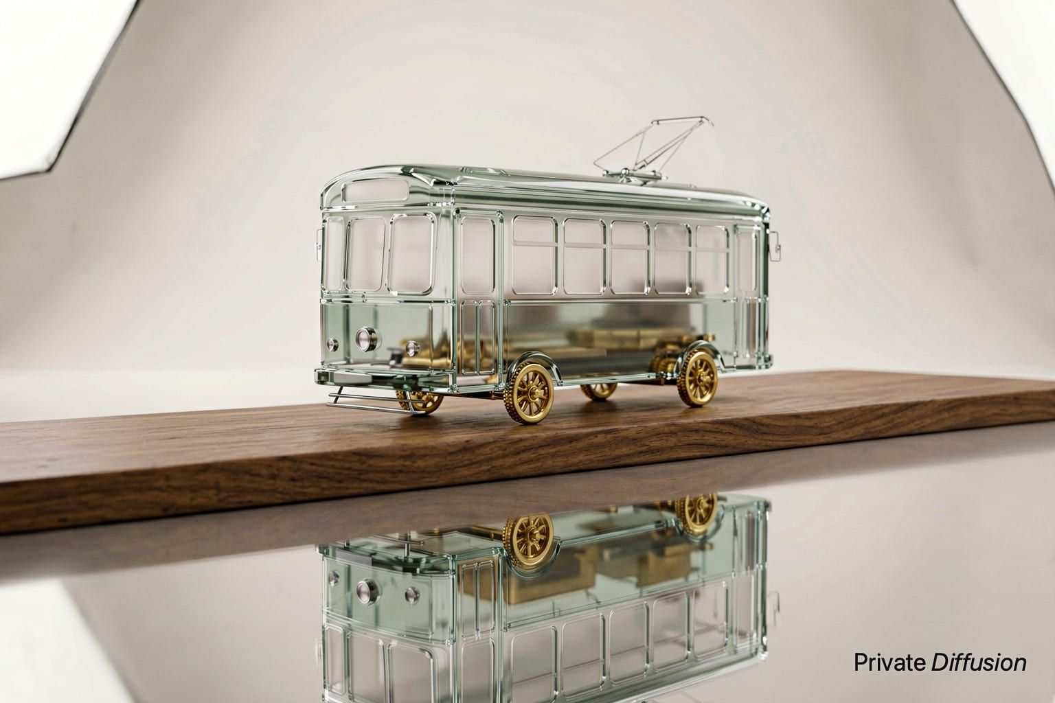 A translucent miniature tram with brass wheels sits on a reflective shelf.