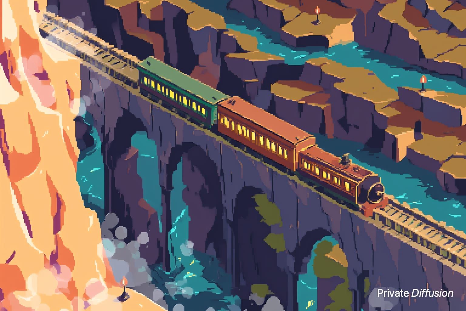 A pixel art steam train crosses a crystal bridge above a pine valley at dawn.