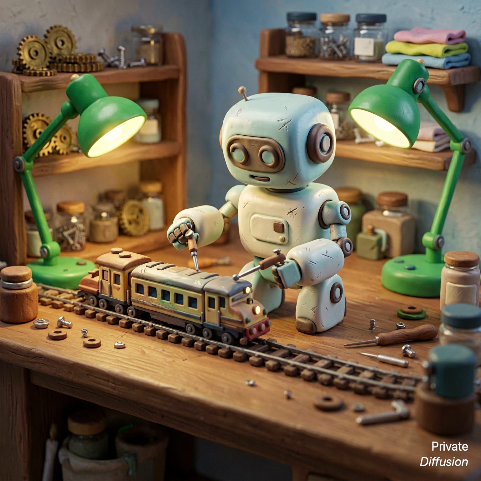 A small robot repairs a toy train at a miniature workshop bench.