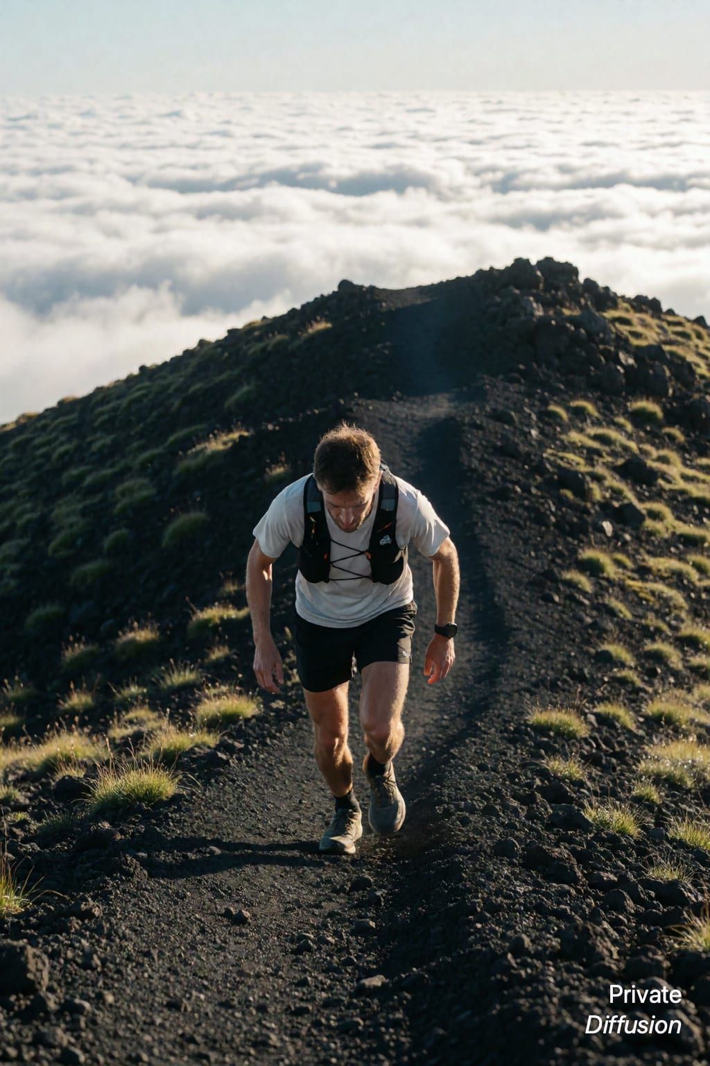 An adult trail runner climbs a black volcanic ridge under morning clouds.