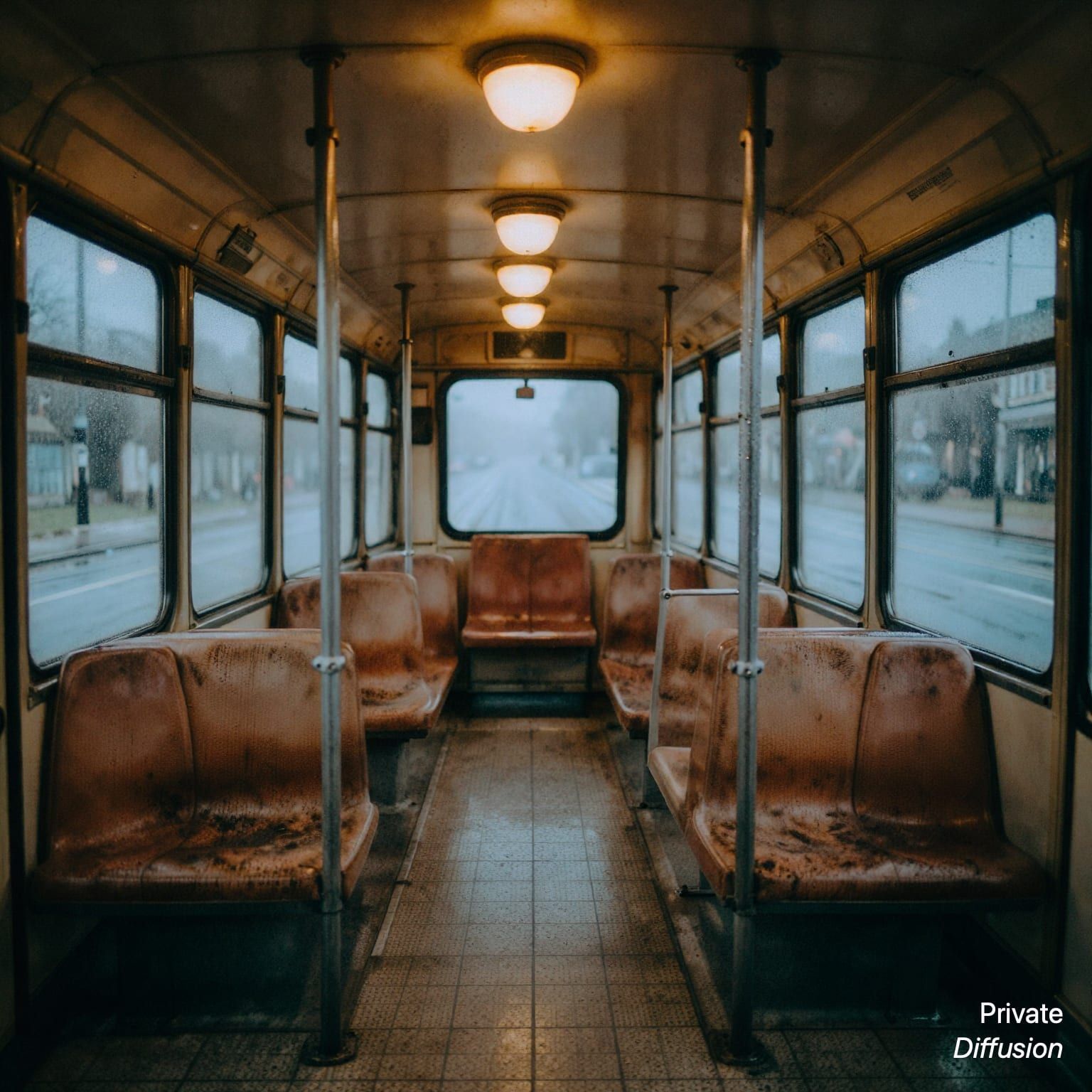 A vintage tram carriage sits empty with worn seats and rain on the poles.