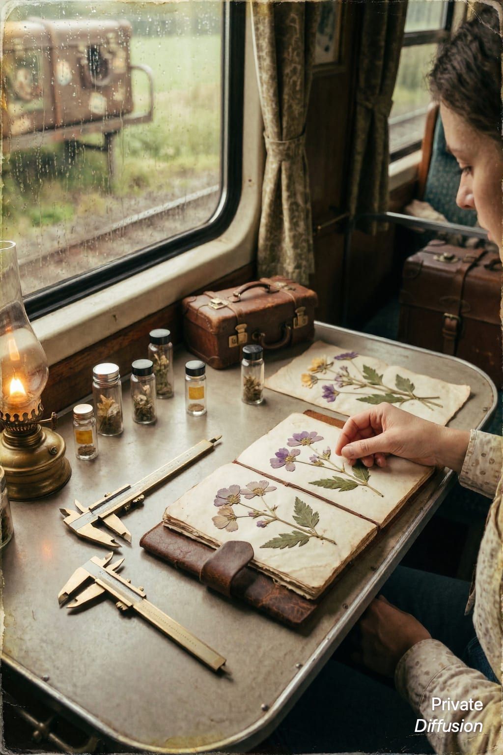 A botanist arranges pressed flowers and tools on a train compartment table.