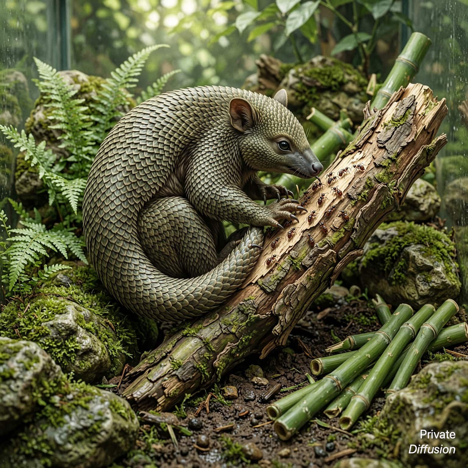 A tree pangolin curls around a bamboo branch in a leafy enclosure.
