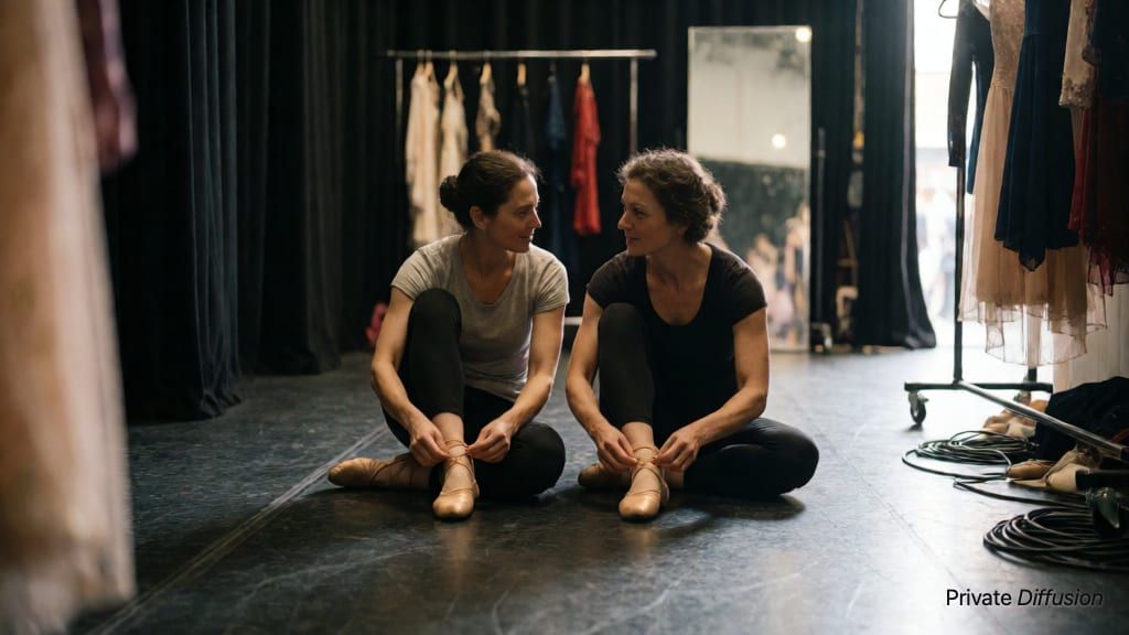 Two adult dancers sit backstage tying practice shoes before rehearsal.