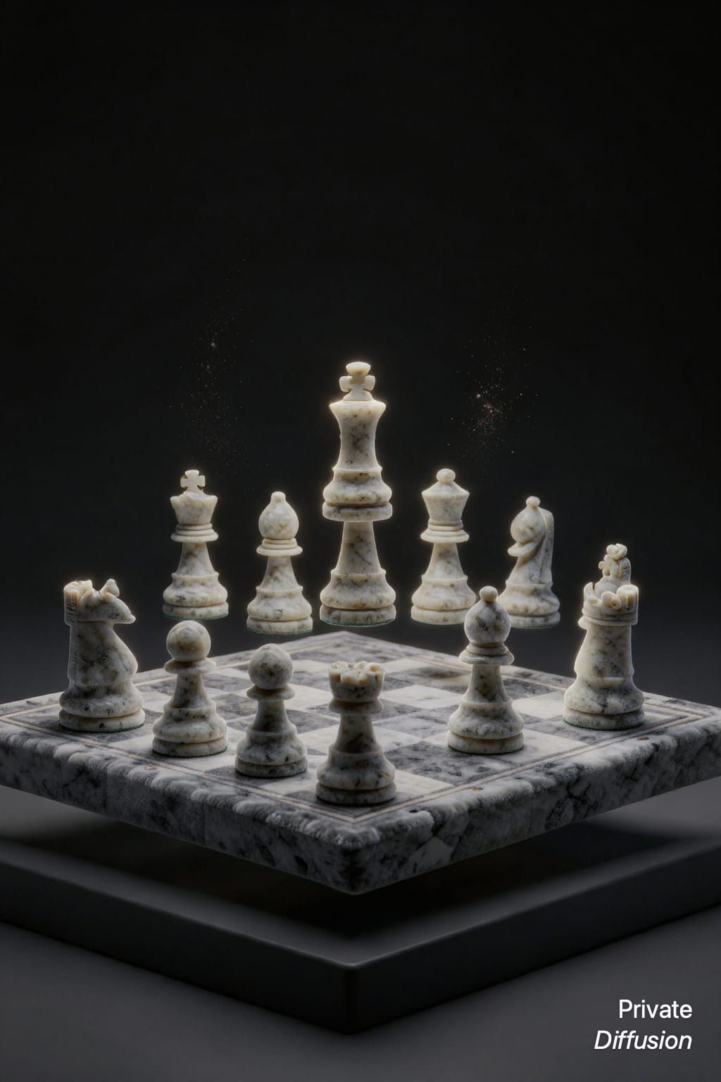 A velvet chess set floats apart with stone pieces rotating above a dark board.