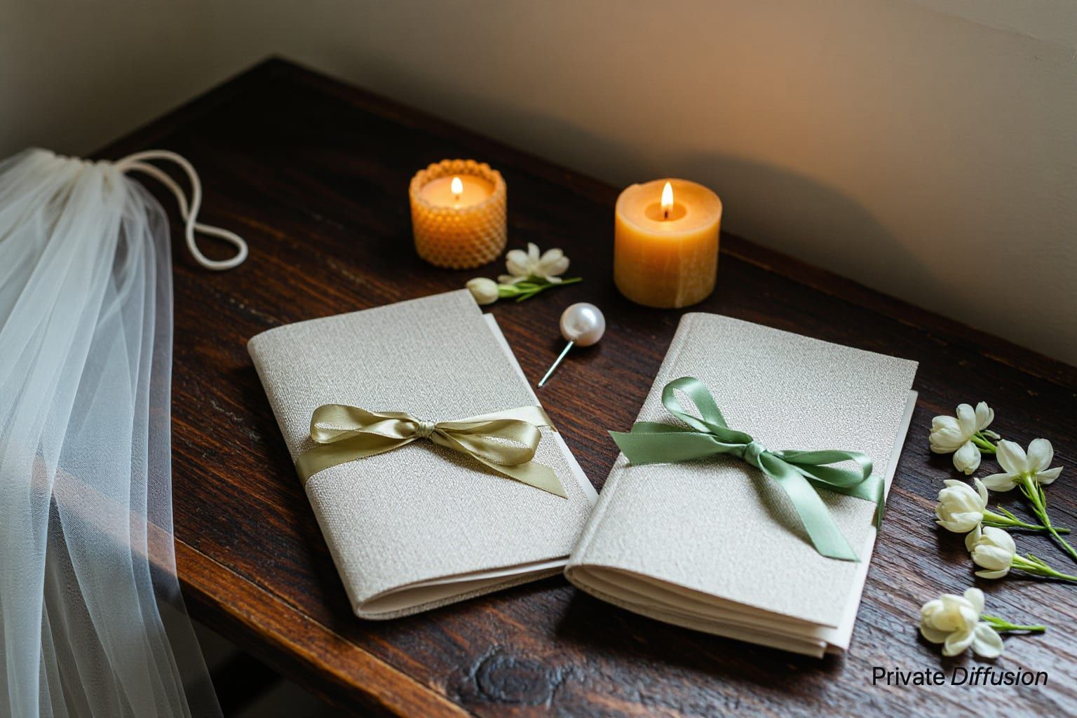 Two ribbon-tied vow booklets sit near a candle, flowers, and a folded veil.